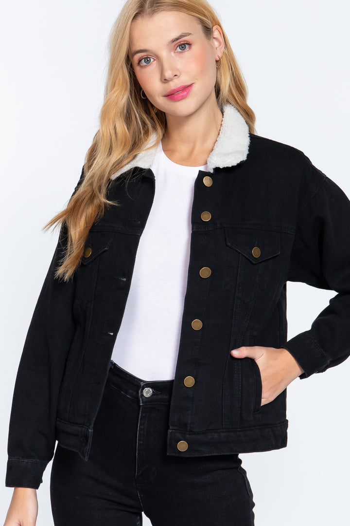 Inner Fur Black Oversized Denim Jacket - Nil-Chi