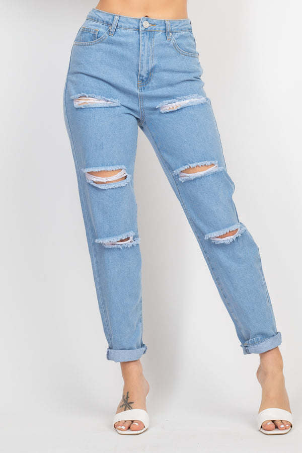 Rolled Hem Ripped Denim Jeans - Nil-Chi