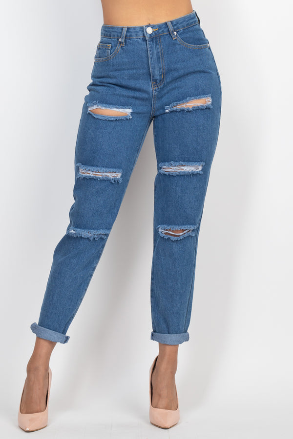 Rolled Hem Ripped Denim Jeans - Nil-Chi