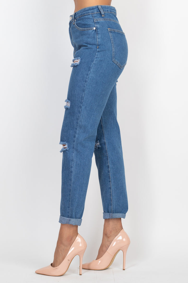 Rolled Hem Ripped Denim Jeans - Nil-Chi