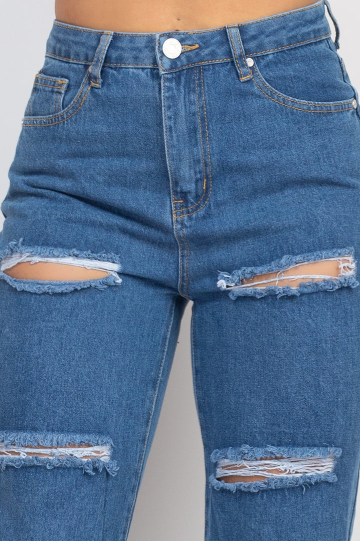 Rolled Hem Ripped Denim Jeans - Nil-Chi