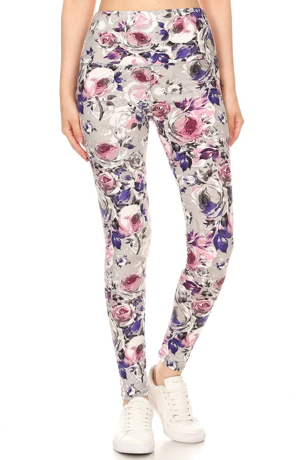 5-inch Long Yoga Style Banded Lined Floral Printed Knit Legging With High Waist