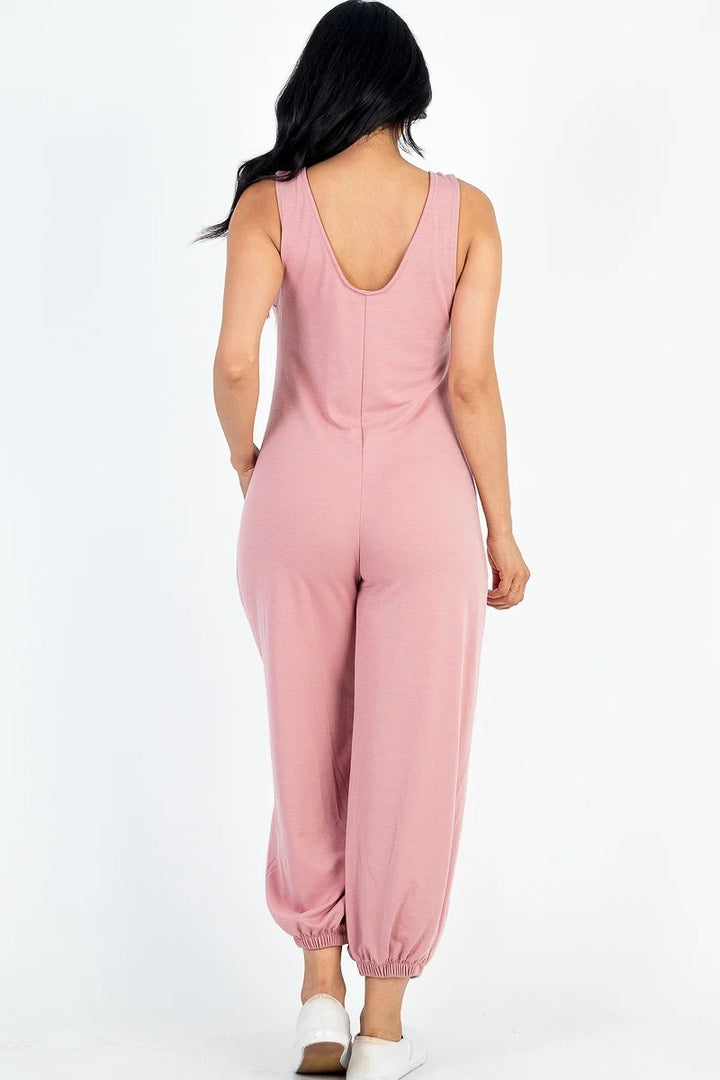 Casual Solid French Terry Sleeveless Scoop Neck Front Pocket Jumpsuit - Nil-Chi