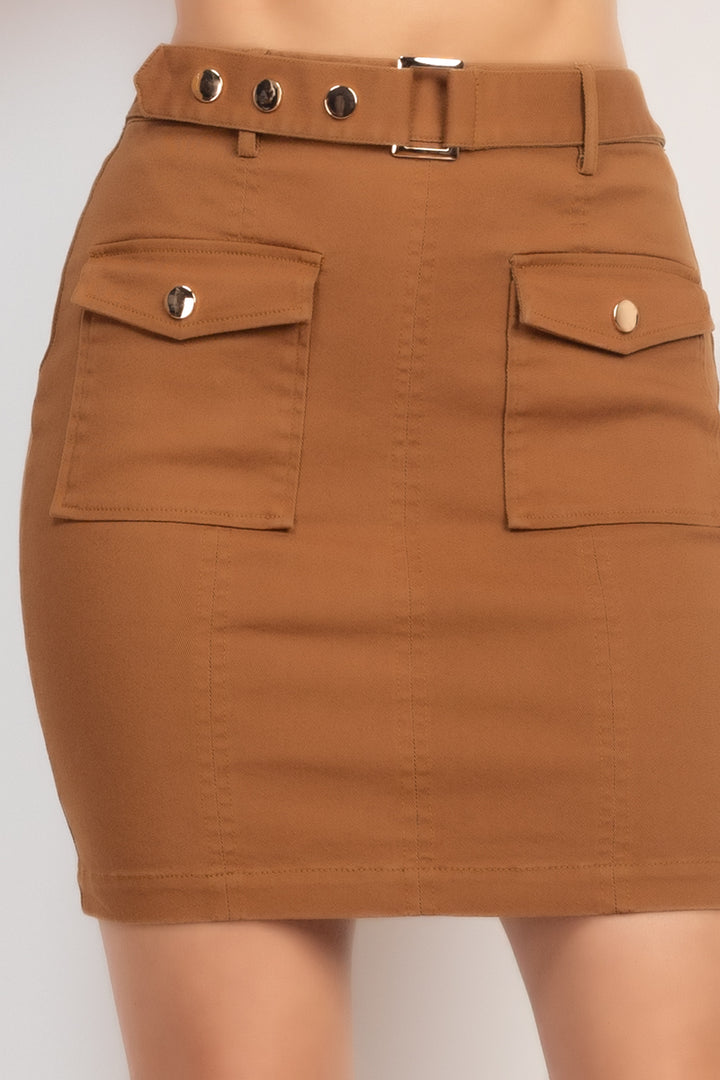 Belted Pocket Solid Mini Skirt - Nil-Chi