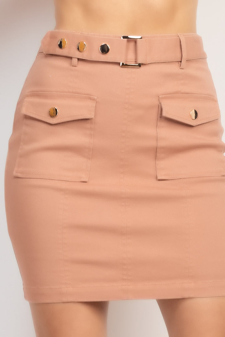 Belted Pocket Solid Mini Skirt - Nil-Chi