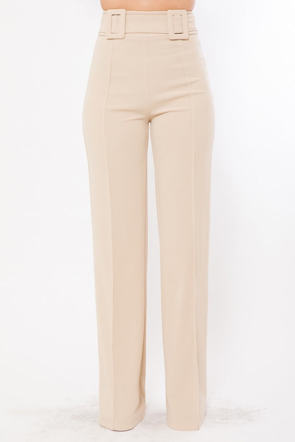 High Waist Pants With Self Fabric Buckle Detail On The Waist - Nil-Chi