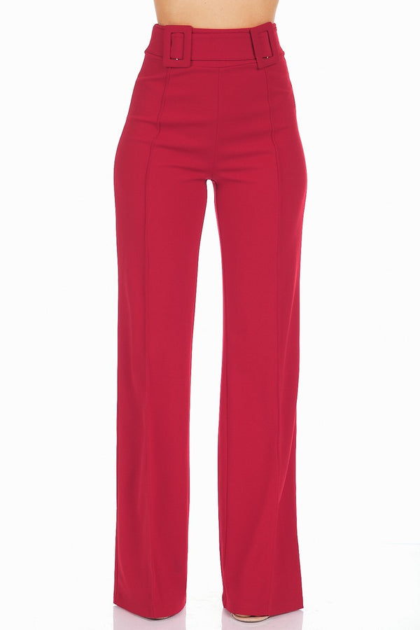 High Waist Pants With Self Fabric Buckle Detail On The Waist - Nil-Chi