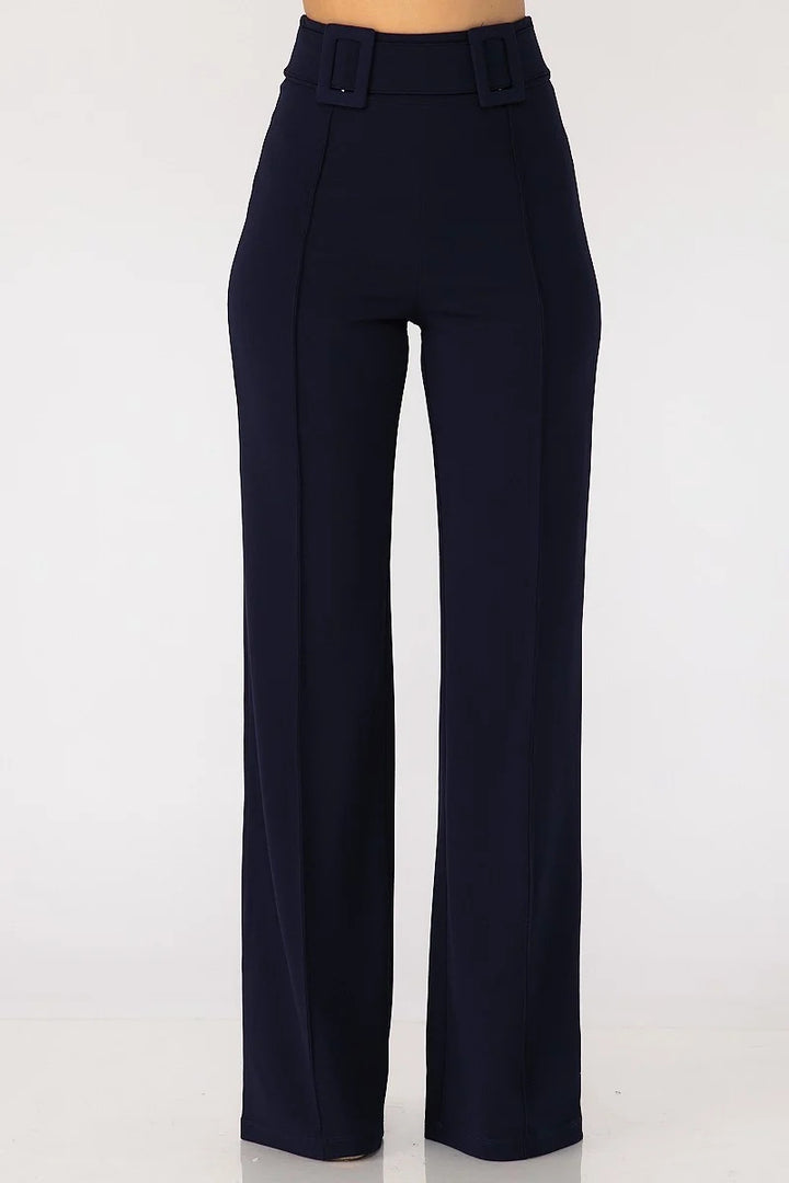 High Waist Pants With Self Fabric Buckle Detail On The Waist - Nil-Chi