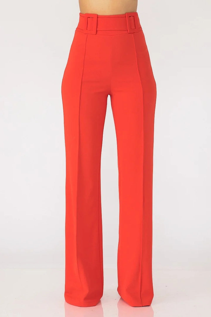 High Waist Pants With Self Fabric Buckle Detail On The Waist - Nil-Chi