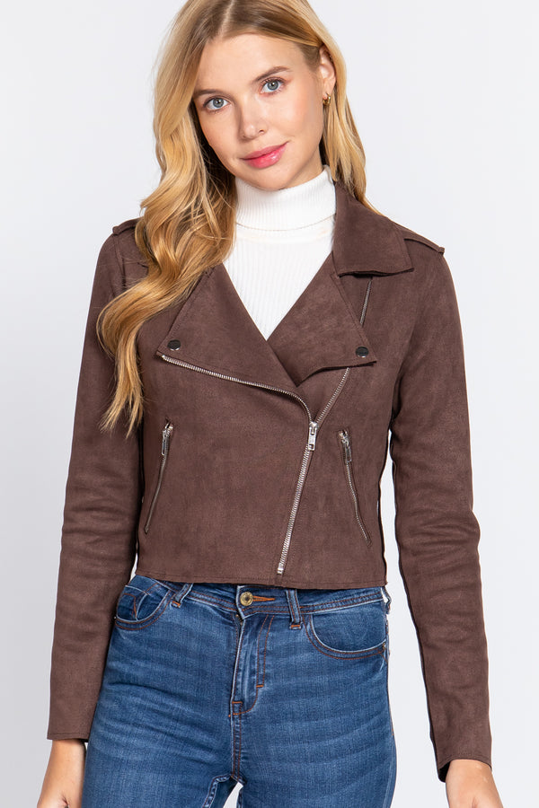 Long Slv Biker Faux Suede Short Jacket - Nil-Chi