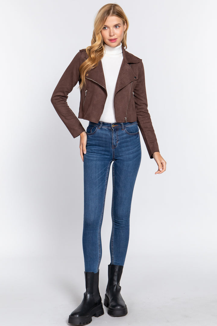 Long Slv Biker Faux Suede Short Jacket - Nil-Chi