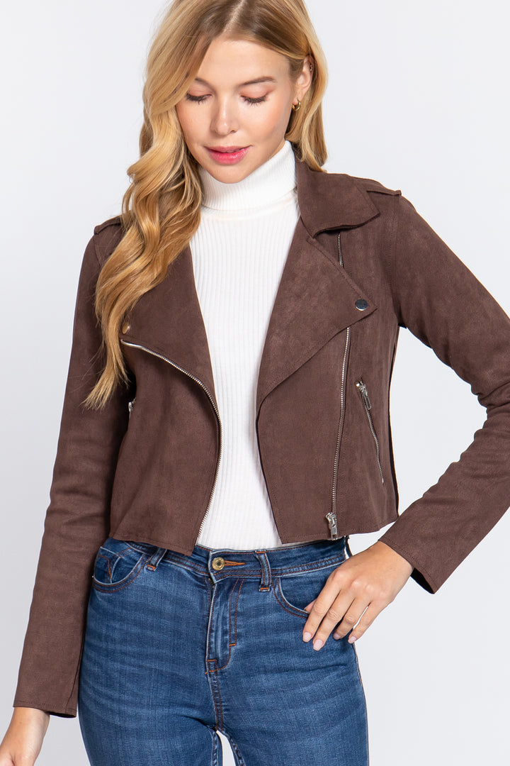 Long Slv Biker Faux Suede Short Jacket - Nil-Chi