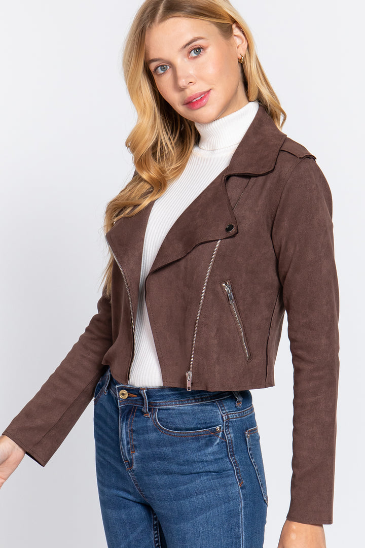 Long Slv Biker Faux Suede Short Jacket - Nil-Chi