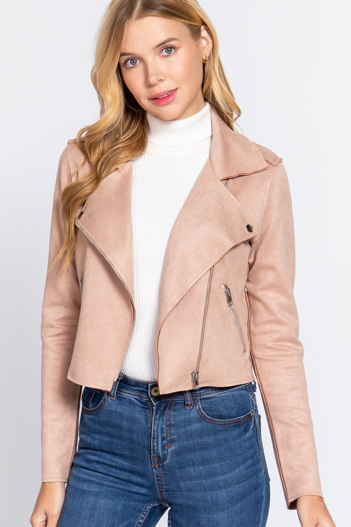 Long Slv Biker Faux Suede Short Jacket - Nil-Chi