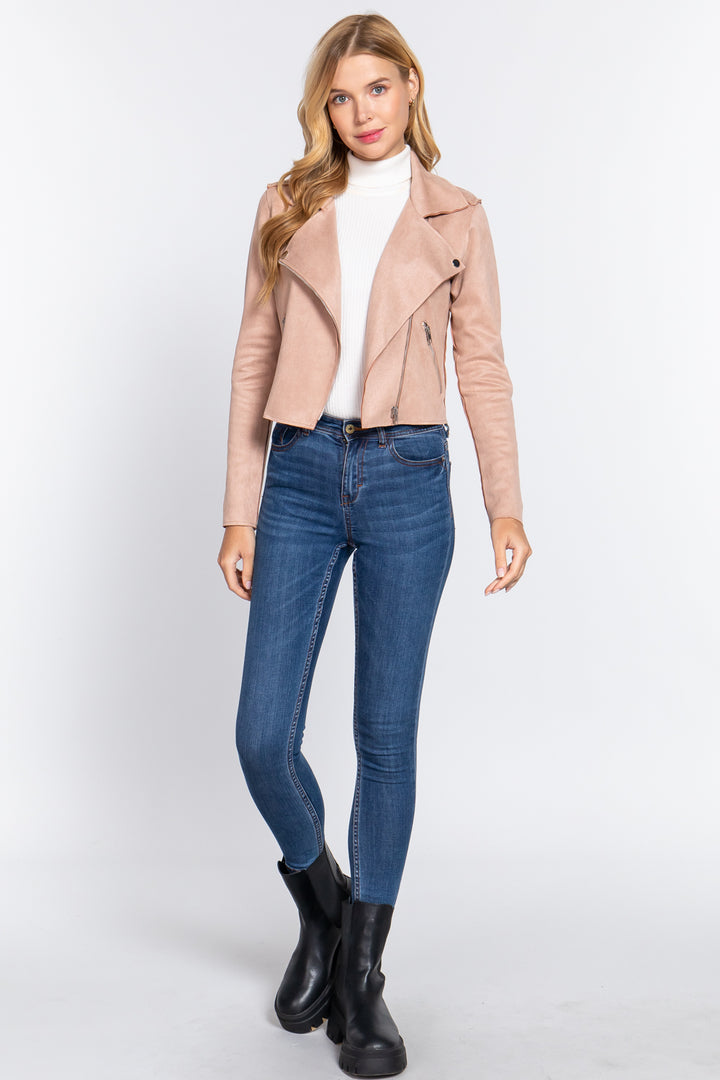 Long Slv Biker Faux Suede Short Jacket - Nil-Chi