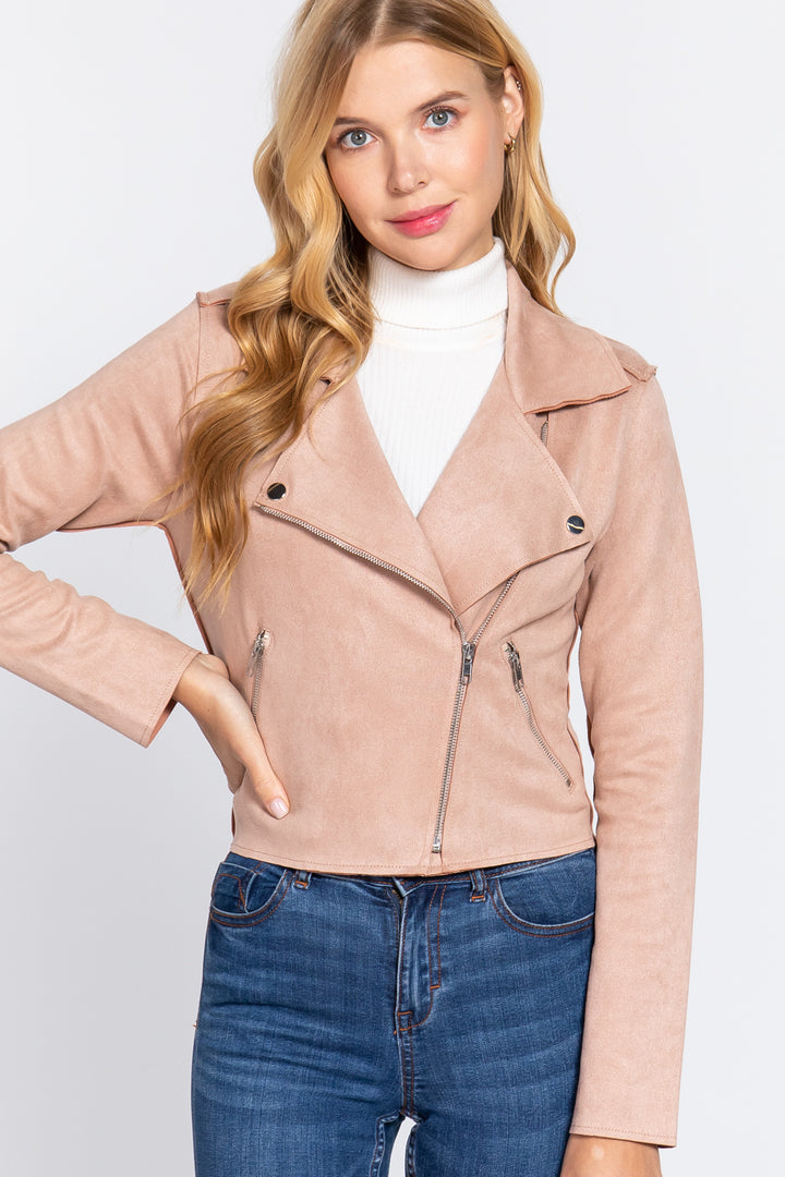 Long Slv Biker Faux Suede Short Jacket - Nil-Chi