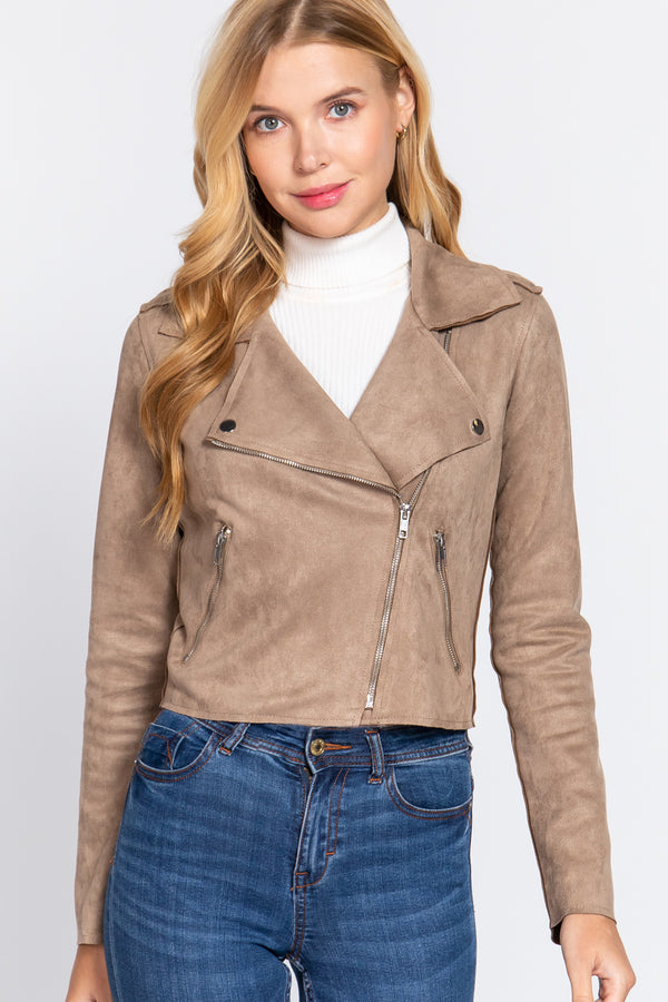 Long Slv Biker Faux Suede Short Jacket - Nil-Chi