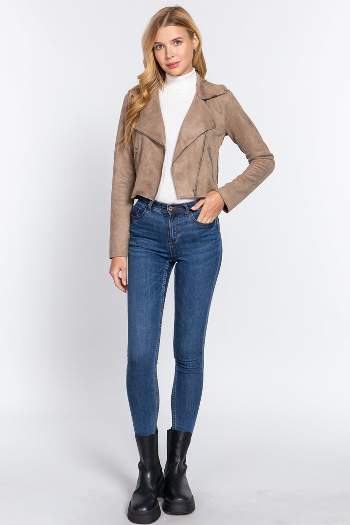 Long Slv Biker Faux Suede Short Jacket - Nil-Chi