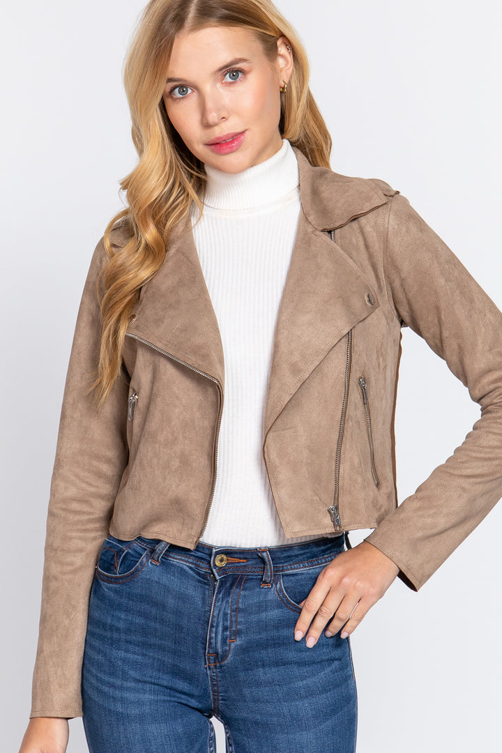 Long Slv Biker Faux Suede Short Jacket - Nil-Chi