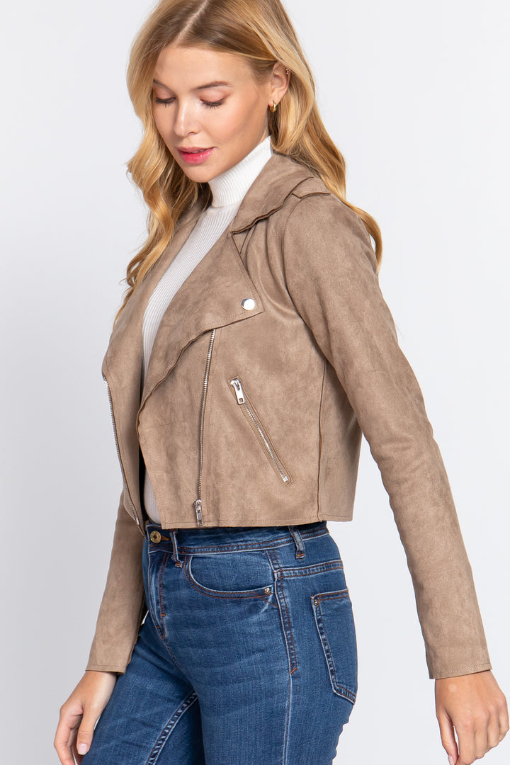 Long Slv Biker Faux Suede Short Jacket - Nil-Chi