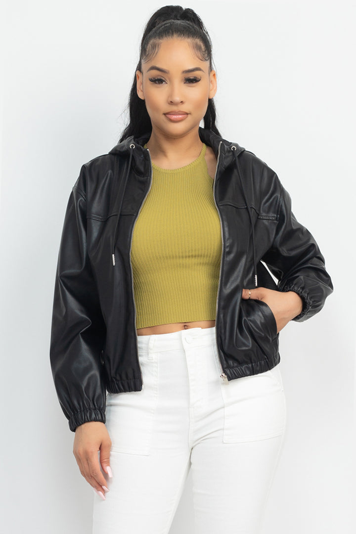 Faux Leather Hoodie Jacket - Nil-Chi