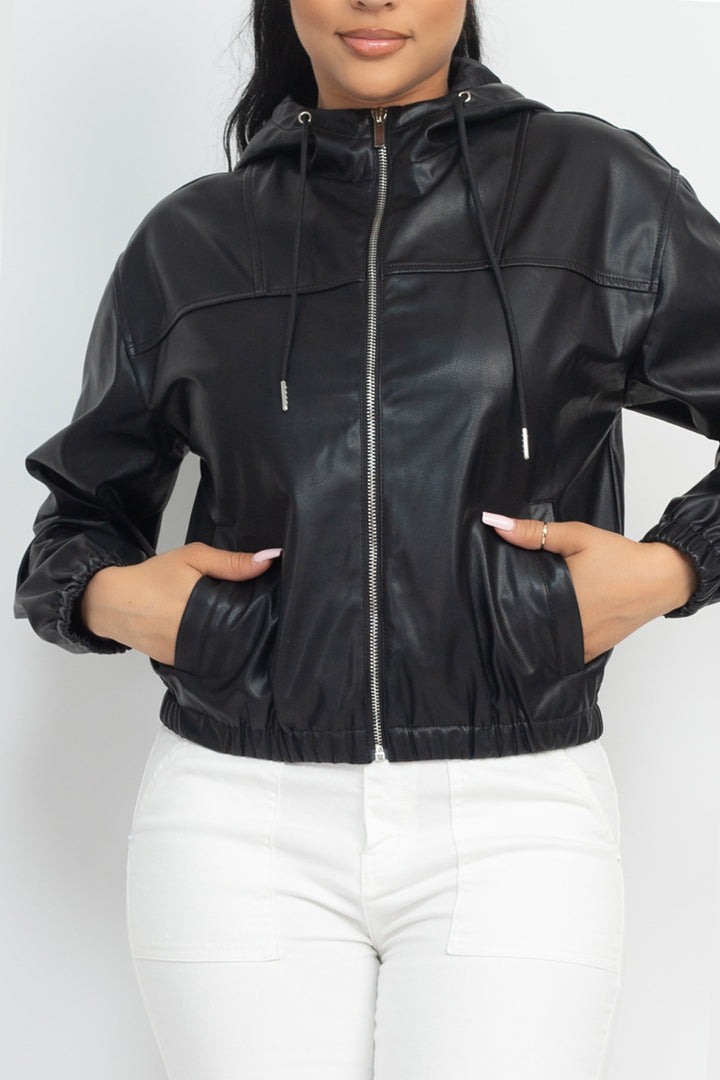 Faux Leather Hoodie Jacket - Nil-Chi