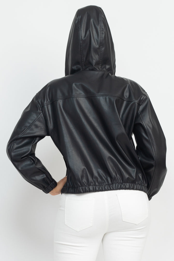 Faux Leather Hoodie Jacket - Nil-Chi