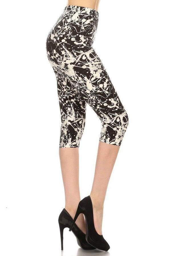 Paint Splatters Printed High Waisted Capri Leggings In A Fitted Style, With An Elastic Waistband - Nil-Chi