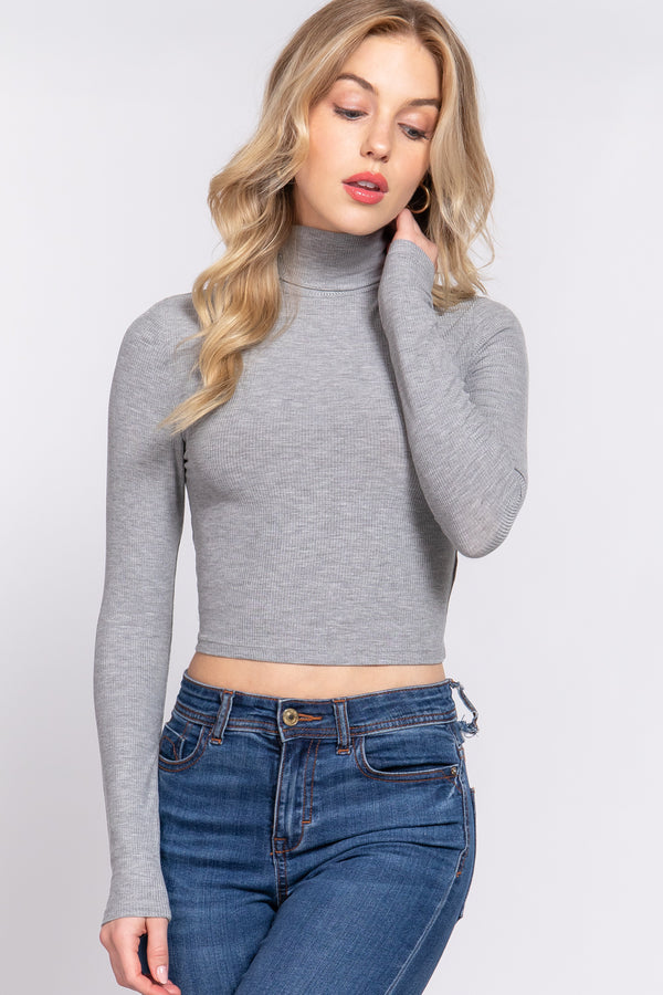 Long Slv Turtle Neck Rib Crop Knit Top