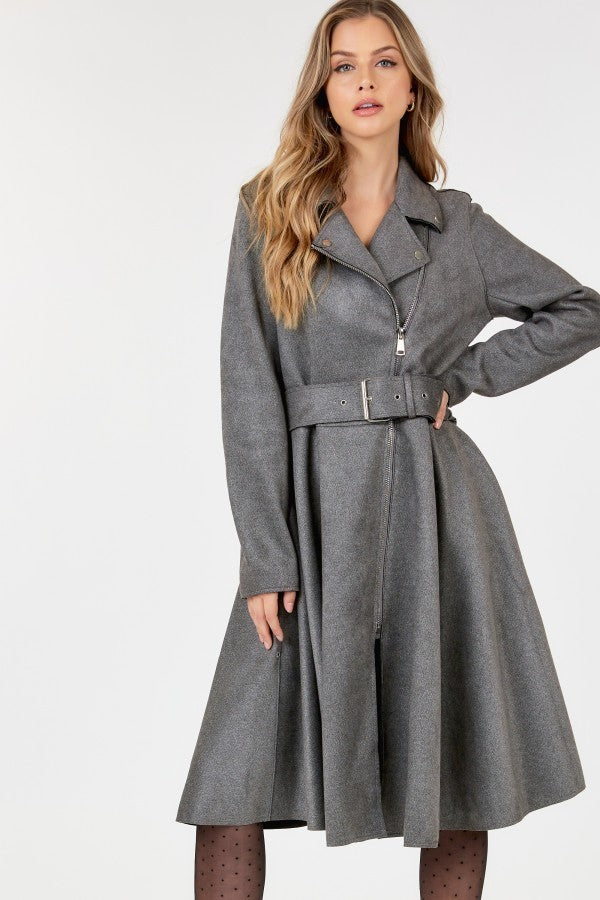 Waist Belt Tacked Faux Suede Coat Solid Coat - Nil-Chi