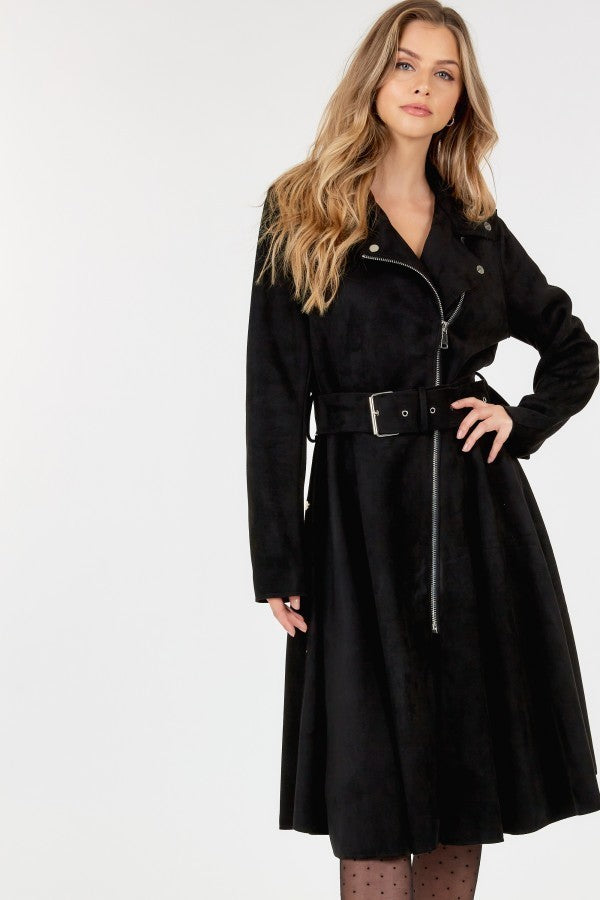 Waist Belt Tacked Faux Suede Coat Solid Coat - Nil-Chi