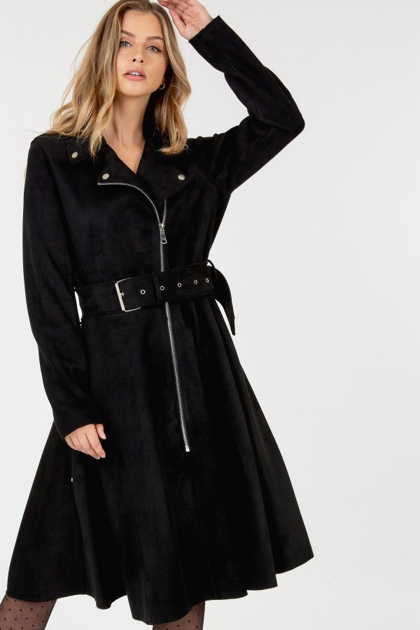 Waist Belt Tacked Faux Suede Coat Solid Coat - Nil-Chi