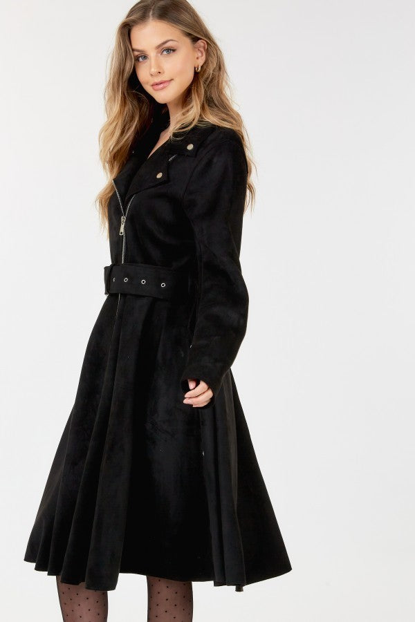 Waist Belt Tacked Faux Suede Coat Solid Coat - Nil-Chi