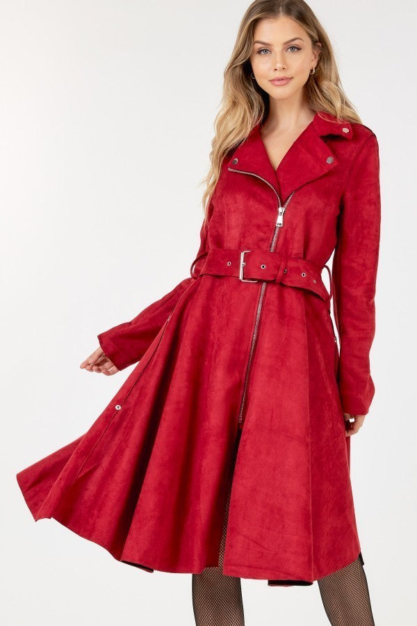 Waist Belt Tacked Faux Suede Coat Solid Coat - Nil-Chi