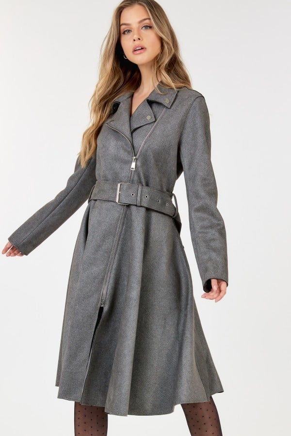 Waist Belt Tacked Faux Suede Coat Solid Coat - Nil-Chi