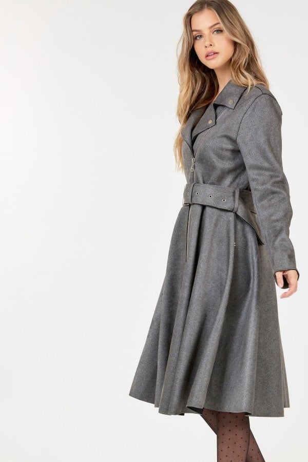 Waist Belt Tacked Faux Suede Coat Solid Coat - Nil-Chi